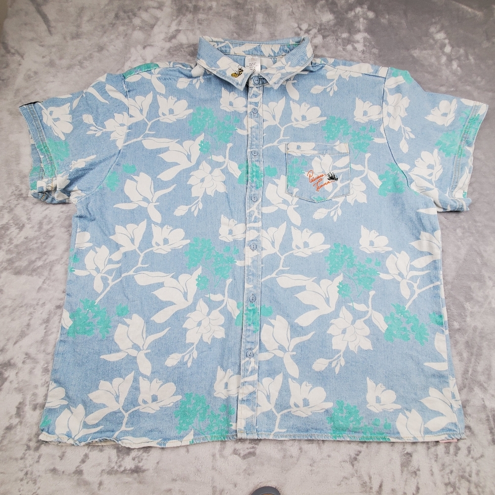 Disney Princess Tiana and The Frog Mens Shirt XXL Blue Denim Hawaiian Button Up